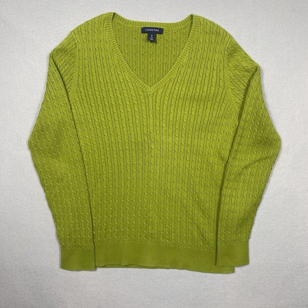 Lands' End Cable Knit Sweater Green V-neck 100% Supima Cotton Women's Size small
